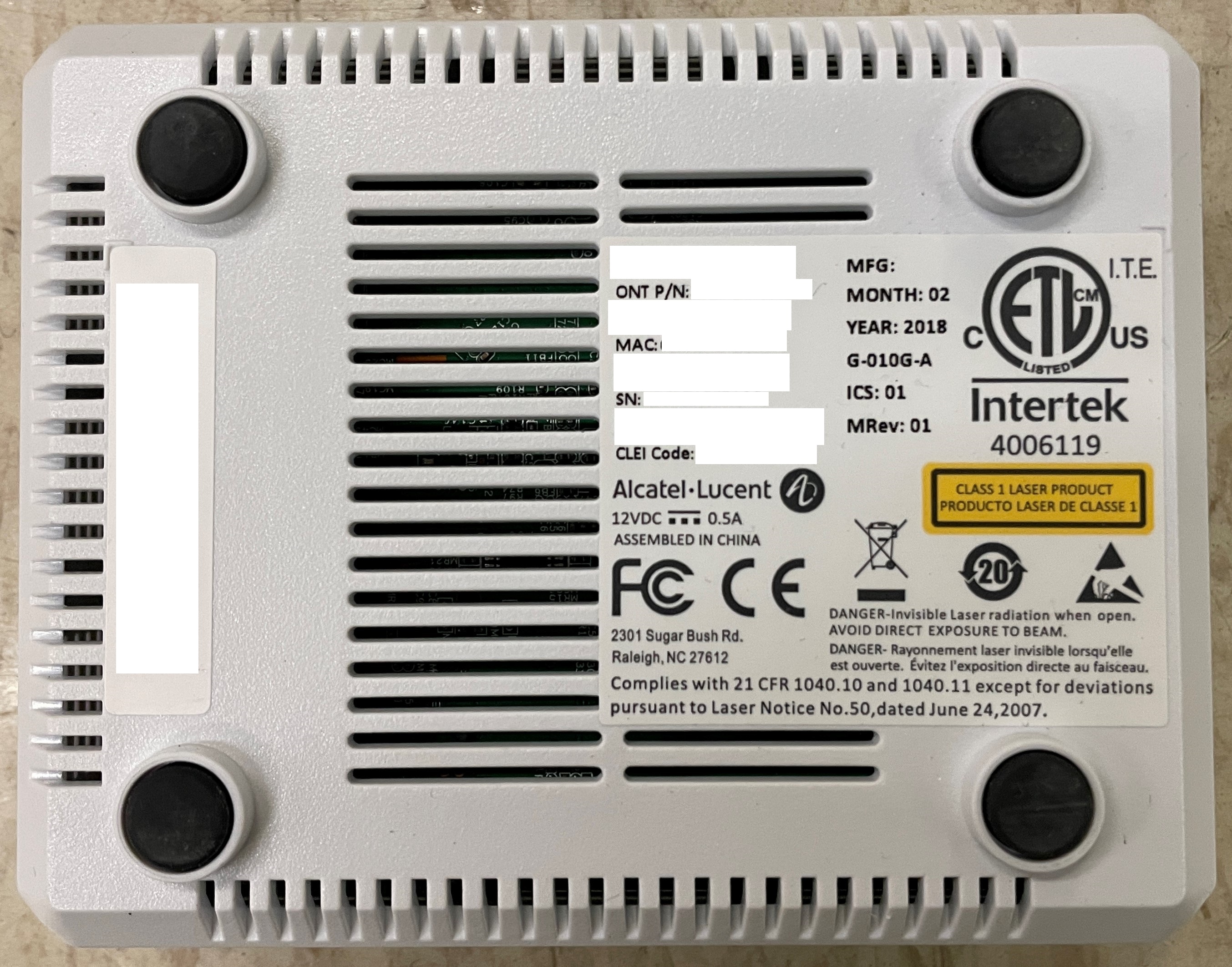 Alcatel-Lucent G-010-A ONT bottom view